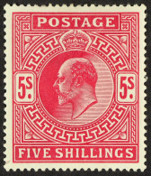 1902-10 5s Bright Carmine De La Rue, SG 263, Mint, Large Part OG. Fresh, Cat Â£450. - Unclassified