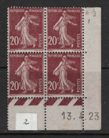 France 1907 - Yvert 139 - Coin Daté Du 13-4-23 - Neuf Gomme Altérée - Semeuse 20c Brun-rouge - ....-1929