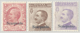 ITALIA ISOLE DELL'EGEO SCARPANTO 1912 10, 40, 50 C. (Sass. 3, 6, 7) NUOVI ** - Egeo (Scarpanto)