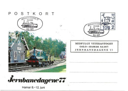 Norway 1977 Special Post Card Jernbanedagene 77, Locomotiv, Railway, Cancelled Hamar 8.6.1977 - Brieven En Documenten