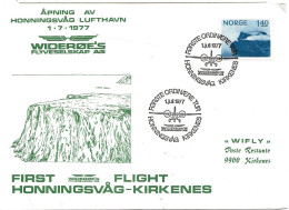 Norway 1977 Special Cover Opening Airport Honningsvåg  - First Flight Honningsvåg-Kirkene Special  Cancellation  1.7.77 - Lettres & Documents