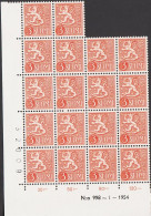 1954. FINLAND. Liontype 3 M. Never Hinged. 18-block With Print Number N:o 998-1-1954 In Margi... (Michel 427) - JF542618 - Nuovi