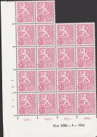 1954. FINLAND. Liontype 20 M. Never Hinged. 18-block With Print Number N:o 1008-4-1954 In Mar... (Michel 432) - JF542620 - Nuovi