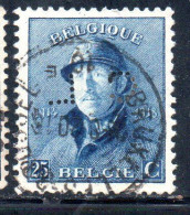 BELGIQUE BELGIE BELGIO BELGIUM 1919 PERFIN KING ROI ALBERT I IN TRENCH HELMET 25c USED OBLITERE' USATO - 1918 Red Cross