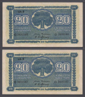 Finland Finlandia Finlande 1945 2 X 20 Markkaa Pick 86 Consecutive Numbers -UNC - Finlande