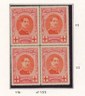 Croix-rouge - N°133 En Bloc De 4** (MNH) + Variétés (V2 Balafre + V5 Griffe De Couleur Dans La Volute) - 1914-1915 Red Cross