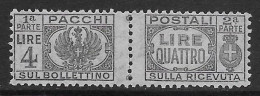 Italia Italy 1945 Luogotenenza Pacchi Postali Senza Fasci L4 Sa N.PP63 Nuovo MH * - Paketmarken