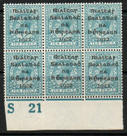 Ireland 1922 Dollard Rialtas Overprint On 10d Turquoise, S21 Control Block Of 6, Hinged At Top, Others MNH, SG 9 - Neufs