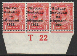 Ireland 1922 Thom Rialtas Blue-black Overprint On 1d Scarlet, T22 Control Strip Of 3, MNH, SG 48 - Unused Stamps