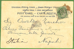 P0974 - INDIA - POSTAL HISTORY - POSTCARD From MUMBAI To ITALY - TAXED!  PRINCE'S DOCK DUE Postmark - 1902-11 King Edward VII