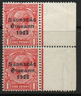 Ireland 1922-3 Saorstat Overprint On 1d Scarlet Marginal Pair, MNH, SG 53 - Ongebruikt