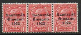Ireland 1922-3 Saorstat Overprint On 1d Scarlet Strip Of 3, Broken 2nd A In SaorstAt, Middle Stamp, Heavy Hinged, SG 55 - Nuevos