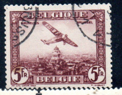 BELGIQUE BELGIE BELGIO BELGIUM 1930 AIR POST MAIL STAMP AIRMAIL FOKKER FVII/3m OVER BRUSSELS 5fr USED OBLITERE' USATO - Used
