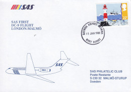 Great Britain SAS First DC-9 Flight LONDON-MALMÖ 1988 Cover Brief Lettre Lighthouse Leuchtturm Pfare Stamp - Lettres & Documents