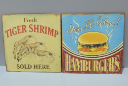 - 2 PLAQUES METAL DECORATIVES XXe HAMBURGERS & FRESH TIGER SHRIMP Déco Murs    E - Poster & Plakate