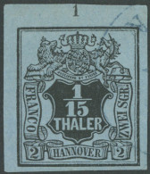 HANNOVER 4 O, 1851, 1/15 Th. Schwarz Auf Graublau, Oberer Rechte Bogenecke Mit Reihenzähler 1, Pracht, Gepr. Berger - Hanover