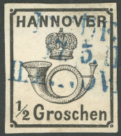HANNOVER 17y O, 1860, 1/2 Gr. Schwarz, Blauer L3 EMDEN-HANNOVER, Pracht, Mi. 250.- - Hanover