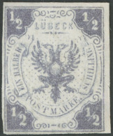 LÜBECK 1 , 1859, 1/2 S. Dunkelviolettgrau, Ohne Gummi, Repariert Wie Pracht, Gepr. Brettl, Mi. 700.- - Lübeck