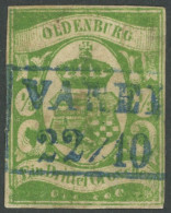 OLDENBURG 10b O, 1861, 1/3 Gr. Moosgrün, Zentrischer Blauer R2 VAREL, Allseits Vollrandig, Feinst (kleine Mängel), Fotoa - Oldenbourg