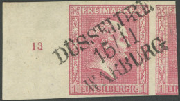 PREUSSEN 10a O, 1858, 1 Sgr. Rosa, überrandig Mit Linkem Bogenrand Und Reihenzähler 13, L3 DÜSSELDORF/WARBURG, Luxusstüc - Andere & Zonder Classificatie