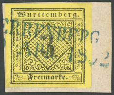 WÜRTTEMBERG 2aI BrfStk, 1851, 3 Kr. Schwarz Auf Hellgelb, Blauer L2 HERRENBERG, Waagerechte Bugspur Sonst Prachtbriefstü - Autres & Non Classés