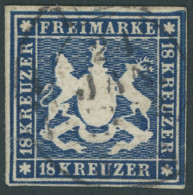 WÜRTTEMBERG 15 O, 1859, 18 Kr. Blau, Rechtes Randstück, Waagerechter Bug Und Rückseitige Mängel, Sonst Farbfrisches Voll - Autres & Non Classés