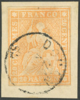 SCHWEIZ BUNDESPOST 16IIBym BrfStk, 1862, 20 Rp. Gelborange, Berner Druck III, (Zst. 25G), Kleiner K1, Fast Vollrandig, P - Sonstige & Ohne Zuordnung