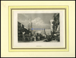 SEVILLA, Teilansicht Mit Prozession Im Vordergrund, Stahlstich Von B.I. Um 1840 - Lithografieën