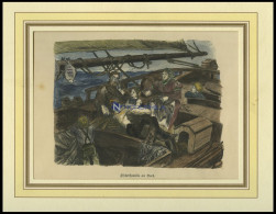 Fischer, Familienszene An Bord, Kolorierter Holzstich Von Gehrts Von 1881 - Lithografieën