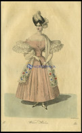 Wiener-Moden - Kleid Von Papeurfärbigem, Faconnirt-und Gestreiften Gros-de-Naples Mit Einem Schalleibchen, Dazu Ein Mit  - Lithografieën
