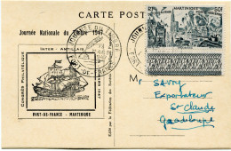 MARTINIQUE CARTE POSTALE JOURNEE DU TIMBRE 1947 DEPART FORT-DE-FRANCE 15 MARS 1947 POUR LA GUADELOUPE - Brieven En Documenten