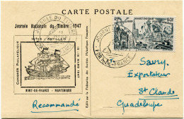 MARTINIQUE CARTE POSTALE JOURNEE DU TIMBRE 1947 DEPART FORT-DE-FRANCE 15 MARS 1947 POUR LA GUADELOUPE - Storia Postale