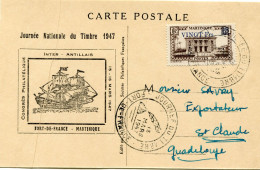 MARTINIQUE CARTE POSTALE JOURNEE DU TIMBRE 1947 DEPART FORT-DE-FRANCE 15 MARS 1947 POUR LA GUADELOUPE - Brieven En Documenten