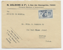 FRANCE JACQUES CARTIER 1FR50 NEUF PERFORE H.D. LETTRE ENTETE H DELOCHE PARIS POUR USA VIA S/S CITY OF NORFOLK - Storia Postale