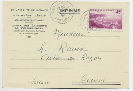 MONACO 45C SEUL CARTE MENTION IMPRIME OBL MONACO 1939 POUR SUISSE AU TARIF - Brieven En Documenten