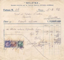 FATTURA SOCIETA' ANONIMA " GALATEA" PER LA TRANVIA ELETTRICA CATANIA / ACIREALE - TRAM / TRAMWAY - 1933 - Acireale