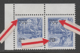 Yugoslavia, Error, MNH, 1989, Michel 2392, Damaged Corner On The 1st Stamp, Damaged 0 And Line Of The Overprint On 2nd - Imperforates, Proofs & Errors