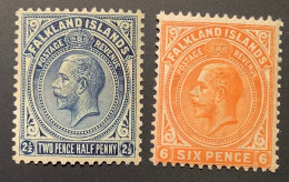 Falkland Islands SG76+78 Shade? VF MNH**, 1921-28 Wmk Script CA, 2 1/2d+6d  (Iles Falkland British Empire - Falkland