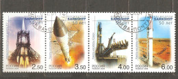 Russia: Full Set Of 4 Used Stamps In Strip, 50th Anniversary Of Baikonur Cosmodrome, 2004, Mi#1198-9 - Usati