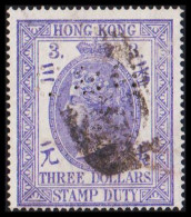 1874. HONG KONG. VICTORIA. STAMP DUTY. 3 THREE DOLLARS. With Perfin.  (Michel 2) - JF542851 - Timbres Fiscaux-postaux