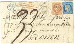 GC 1478 / N° 51 + 60 Càd T 17 FECAMP (74) Sur Lettre Insuffisamment Affranchie Pour Rouen Taxée 0,33c. 1872. Exceptionne - 1871-1875 Ceres