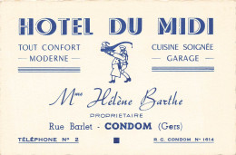 Condom * Hôtel Du Midi Mme Hélène BARTHE Propriétaire , Rue Barlet * Carte De Visite Ancienne Illustrée - Condom