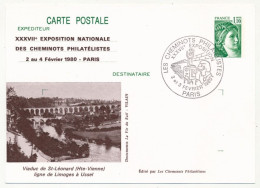 CP Entier Repiqué 1,10 Sabine - Viaduc De St Léonard - 37e Expo Des Cheminots Philatélistes - PARIS 2 Et 3 Février 1980 - Overprinter Postcards (before 1995)