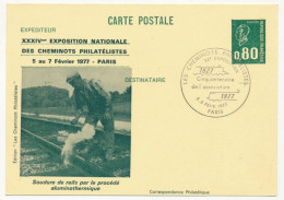 CP Entier Repiqué 0,80 Bequet - Soudure De Rails - 34e Expo Des Cheminots Philatélistes - PARIS -5/6 Fév 1977 - Bijgewerkte Postkaarten  (voor 1995)