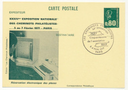 CP Entier Repiqué 0,80 Bequet - Réservation électronique - 34e Expo Des Cheminots Philatélistes - PARIS -5/6 Fév 1977 - Bijgewerkte Postkaarten  (voor 1995)