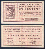 Billete Local 1937 Consell Municipal De Benissanet 25 Centims - Autres & Non Classés