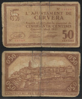 Billete Local 1937 Ajuntament De Cervera  50 Cts. - Autres & Non Classés