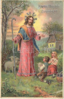 T2/T3 Boldog Húsvéti ünnepeket / Easter Greeting Art Postcard, Jesus With Sheep And Children (felületi Sérülés / Surface - Unclassified