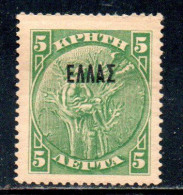 CRETE CRETA 1908 ELLAS OVERPRINTED SOPRASTAMPATO 5L MNH - Crète