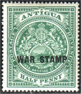 142 Antigua Half Penny War Stamp MH * Neuf (ANT-45) - 1858-1960 Colonie Britannique